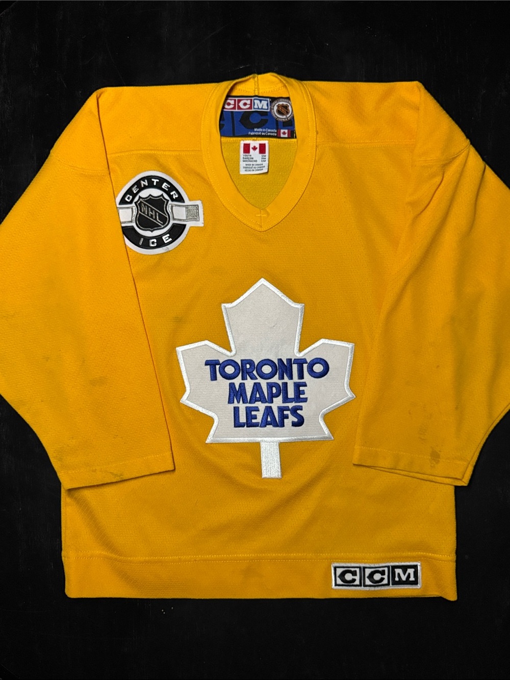 Vintage CCM 1990s Yellow Toronto Maple Leafs V-Neck Hockey practice Sweater